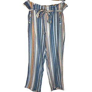 Caslon Linen Blend Striped Pants Women M Blue Paperbag Waist Summer Beach